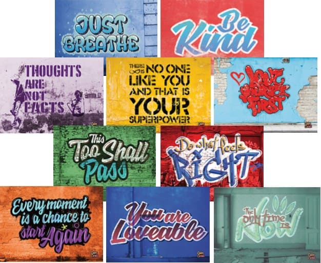 Colourful street-art-style Calm Cards with positive messages