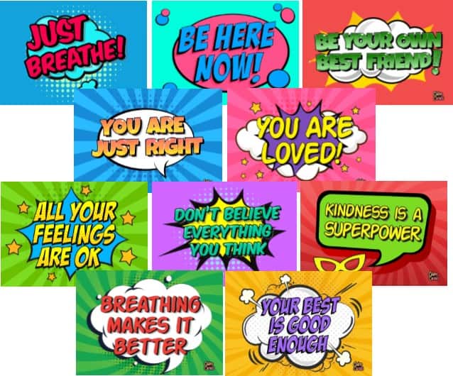Colourful comic-style Calm Cards with positive messages